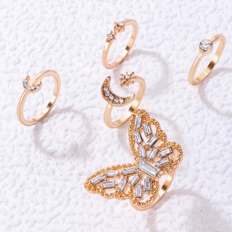 Set Of 5 Alloy Butterfly Star Moon Set Open Rings, Crystal Star Moon Butterfly Knuckle Finger Ring Set, Cartoon Moon Finger Rings Star Heart Jewellery Set Of 5 Alloy Butterfly Star Moon Set Open Rings, Crystal Star Moon Butterfly Knuckle Finger Ring Set, Cartoon Moon Finger Rings Star Heart Jewellery